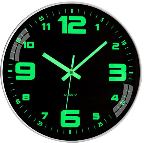 Wall Clock - 12 inch Large Wall Clocks Glow In the Dark Silent Night Lights Luminous Modern Small Vintage Black Retro White Outdoor Clock for Kitchen Bedrooms Bathroom Living Room Garden Kids