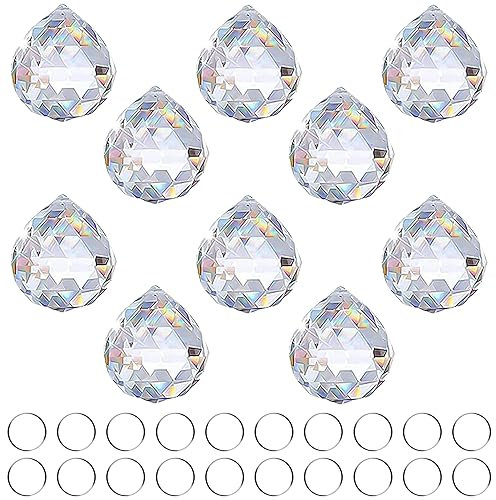 Fizdoqg Sonnenfänger Kristall 10set Kristalle zum Aufhängen Prisma Kristall Kristallglaskugel Regenbogenkristall Deko für Prisme, DIY, Hochzeitsfeier & Girlanden(10 Kristallglaskugel, 20 Metallring)
