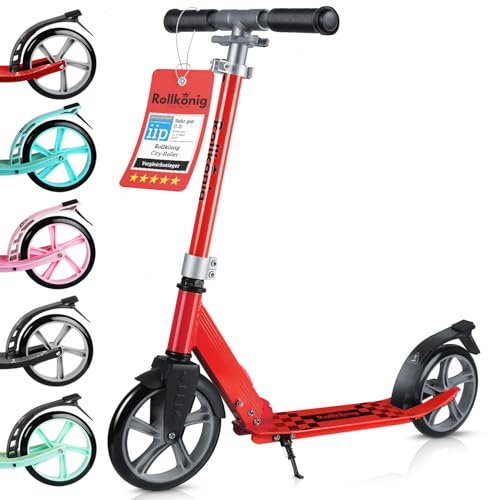 Rollkönig ® Scooter für Kinder ab 5 Jahren I Der Faltbare City-Scooter mit großen Rädern I Tret-Roller für Erwachsene mit bis zu 100kg Tragkraft (Rot)