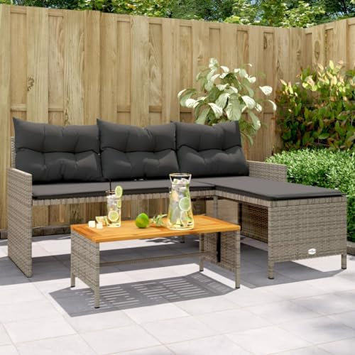 Homgoday Canapé de jardin avec table et coussins en forme de L en polyrotin gris, ensemble de meubles de jardin, patio, cour, terrasse, balcon, canapé, siège, salon, véranda, jardin