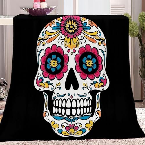 Decke gedruckt Wohndecke Frauen Gothic Totenkopf Blumen Muster, Flanell Fleecedecke Bequeme Und Weiche Klimatisierte Decken 130 x 150 cm Schwarz Design Für Campingreisen Leicht
