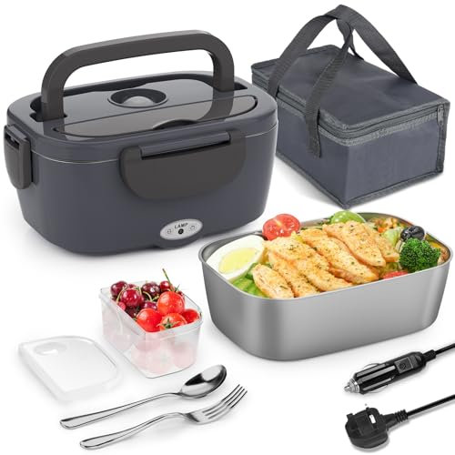 Carsolt Electric Heated Lunch Box, 80W Heated Lunch Boxes for Adults 1.5L Portable Food Warmer 12V/24V 230V Thermal Lunch Box for Car/Home with Insulated Carry Bag and Fork & Spoon (Grey UK Plug)