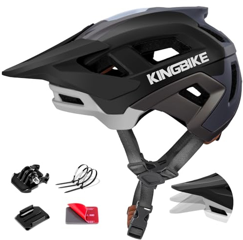 KINGBIKE Mountainbike-Helm für Erwachsene Herren Professioneller MTB-Helm Damen mit Action-Kamera-Halterung & 3-Stufen-Visier, NTA-8776 E-Bike-Zertifiziert (Schwarz grau, M)