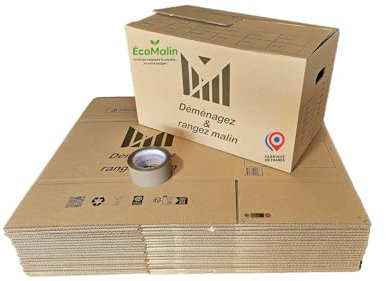 Lot de 20 Cartons de Déménagement 50x30x30 cm avec Poignées Renforcées, Double Épaisseur, Adhésif 68 m