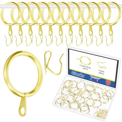 Glarks Set di 30 anelli da appendere per tende da 25 mm, in metallo dorato, include 30 anelli per tende e 30 ganci per tende, occhielli scorrevoli per finestre scorrevoli per porte del bagno