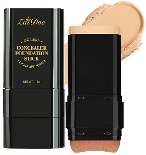 Zaidoc Foundation Stick, Dual-Ended with Brush, 2-in-1 Longwear & Waterproof, Natural Full Makeup Concealer Coverage for Dark Circles & Blemishes with Hydrating Olive & Camellia, 2.09 oz (03#)