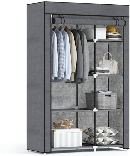 HOMCOM Armario de Tela, Armario Portátil, con Barra para Colgar, 6 Estantes, Marco de Acero, para Dormitorio, Vestidor, 103x43x162,5 cm, Gris Oscuro