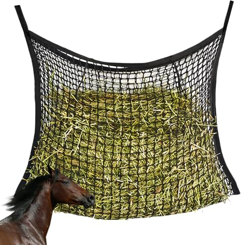 Behogan Filet à foin pour chevaux : 120 x 90 cm, filet à foin de ferme, taille 3 x 3 cm, filet d'alimentation pour foin de 8,5 kg, sac à foin, sac à foin, le temps d'alimentation peut être prolongé