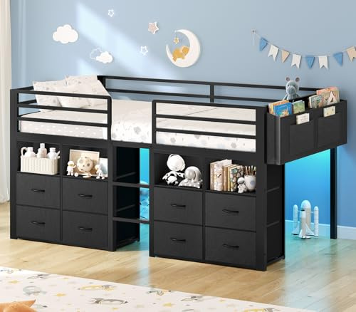 ADORNEVE Low Loft Bed Twin Size with 8 Storage Drawers, Twin Loft Bed with Bookcase and LED Lights, Metal Kids Loft Bed with 14 H Safety Guardrail, Under-Bed Play Space, No Box Spring Needed, Black