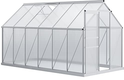 Outsunny Serre de Jardin 7,1 m² en Aluminium Polycarbonate avec Fondation, 190 x 375 x 199 cm, Serre avec Fenêtre Réglable et Porte Coulissante, Abri Extérieur Résistant aux Intempéries, Argent