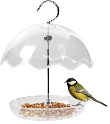 Distributeur de nourriture pour oiseaux pour l'extérieur, design ouvert avec plateau suspendu, distributeur de nourriture décoratif transparent, pour jardin, balcon, cour, terrasse, terrasse pour