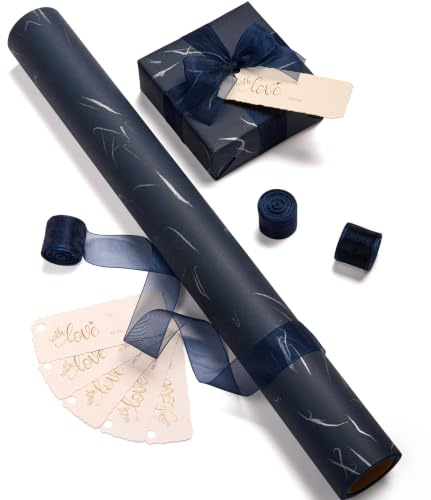 Vitalizart Navy presentomslagspapper rulle 43 x 45 cm, omslagspapper set med 3 rullar band och 6 etiketter, omslagspresent till födelsedag bröllop jul