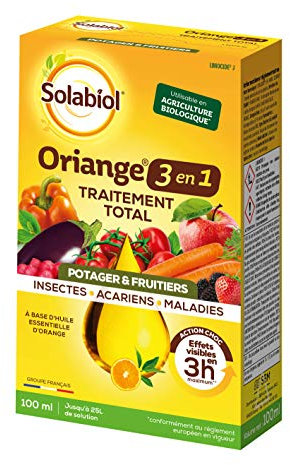 SOLABIOL Oriange Traitement Total 3 en 1 - Insectes Acariens Maladies - 100ml - 25L De Solution - Potagers & Fruitiers - A Base d’Huile Essentielle D'Orange Douce SOTOTPOT100