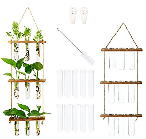 Woohome Vase Hydroponique 3 Étages - Suspension en Verre Avec Support en Bois Pour Plantes - Tube à Essai Pour Décoration de Bureau, Jardin et Maison
