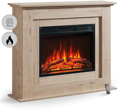 BALDERIA Elektrokamin Finn | Elektrischer Standkamin mit 3D-Flammeneffekt | Elektro Heizung 2000W | Kamin mit Fernbedienung, adaptiver Startsteuerung, Timer & Thermostat | Helle Eiche