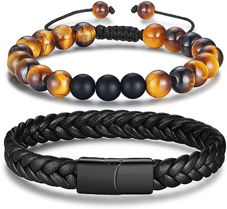 Gkmamrg - Bracciale da uomo - Bracciale in pelle nera - Bracciale avvolgente in vera pelle intrecciata con chiusura magnetica, verstellbares Armband, Nero
