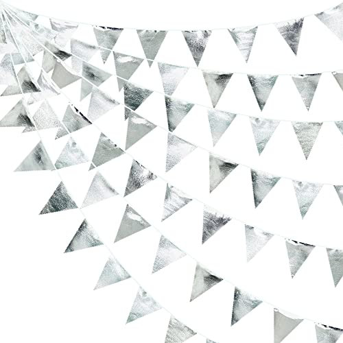 32Ft Argenté Guirlande Fanion Bannière Décoration de fête Brillant Tissu métallique Drapeau guinguette exterieu Banderole pour Anniversaire Bapteme Fiançailles Mariage Douche Nuptiale EVJF Noël décor