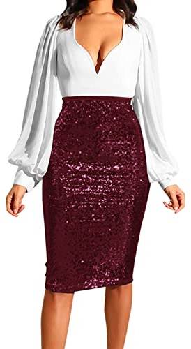 2024 AI - Falda de tubo de mezclilla para mujer, de color sólido, con lentejuelas, cintura alta, delgada, casual, de medio cuerpo, falda de mezclilla, Vino, 36