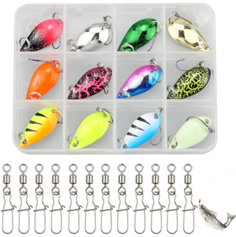 YunBey Forellen Spoon Set 12 Stück Forellenköder Set mit 12 Angelwirbel und Köder-Box Forellen Blinker Spoon Forellen Köder zum Angeln auf Forellen Hecht Barsche