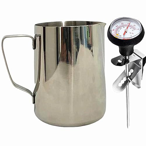 UZER Milk Frothing Pitcher with Thermometer, 21oz Stainless Steel Milk Frother Cup, Coffee Barista Steaming Jug (600ml with Thermometer Pen)