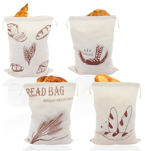 4 Stück Brottüten Leinen,Brottasche aus Baumwolle zum Frischhalten,Aufbewahrungstasche für Brot,Naturleinen,Brotbeutel Aufbewahrung,Wiederverwendbare Leinenbeutel,für Brot, Obst und Gemüse