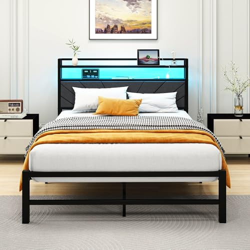 HOMERECOMMEND Double Bed Frames with Upholstered Storage and LED Lights,4ft6 Upholstered Bed Frame Doule Bed with Metal Slats Enhanced Support, Under Bed Storage,Easy Assembly