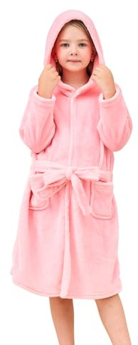 Piefry Morbido Accappatoio con Cappuccio per Bambine e Ragazze in Pile Vestaglia da Notte per Bambini (Rosa, 6-7 anni)