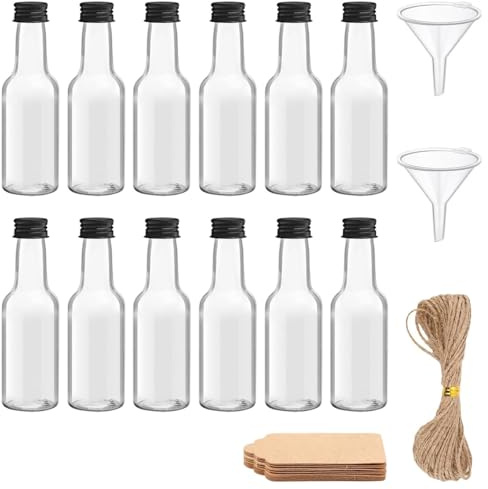 YOYEAH Juego de 12 botellas pequeñas de 50 ml para rellenar, con tapa, de plástico, con etiqueta, botellas mini reutilizables
