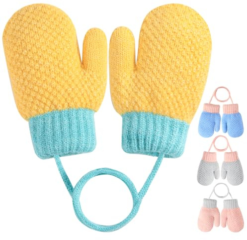 MELLIEX Moufles Enfant, Bébé Chaud Hiver Gant Tricoté, Doux Mignon Moufle avec Cordon pour 0-3 Ans Fille Garçon，Jaune
