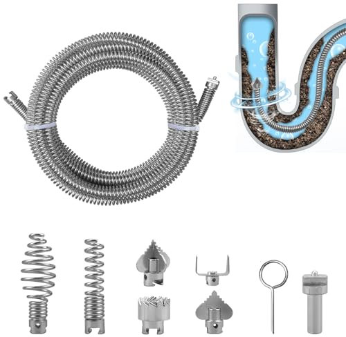 Rohrreinigungsspirale 5m, ø12mm Abflussreiniger Spirale, mit 6 Stück Abflussreiniger Schneidkopf und1elektrische Adaptern, Multifunktionale aus Stahl Rohrreinigungswelle(Galvanized)