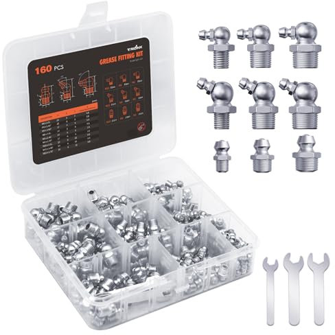TRILINK Kit Assortito di Ingrassatori – 160 Pezzi di Ingrassatori Testine Metrici M6, M8, M10 con Angoli Dritti, 45 e 90 Gradi, Include Chiave – Ideale per Veicoli, Agricoli e Macchinari Industriali