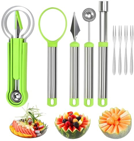 GisWell Ensemble d'outils de fruits 9 pièces, coupe-melon multifonctionnel, 3 en 1 en acier inoxydable pour cuisine et fête, parfait pour pastèque et autres fruits