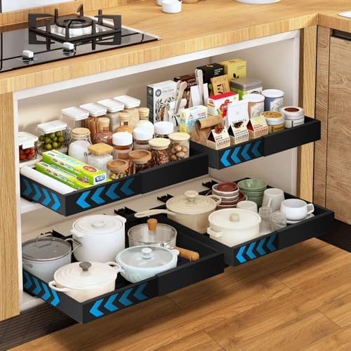 EOJDDPA 4 cassetti telescopici con sistema a binario, cassetto estraibile da cucina senza foratura, cassetto estraibile per mobili da cucina, organizer per cassetti 32x52cm