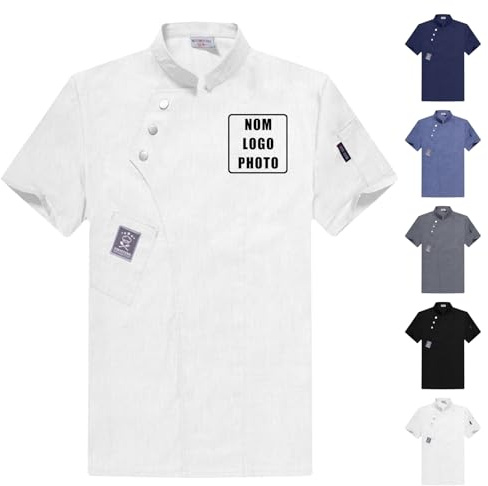 Guooyuuyu Personalised Chef Jacket with Name Photo Logo for Men Women, Custom Chefs Jacket Uniforms Professional, Short Sleeve Buttons Chef Jackets, for Chef Waiter Restaurant Hotel (White)