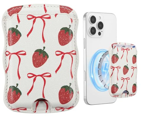ZCDAYE Handy Kartenhalter für 1-3 Karten, Leder Magnetischer Kartenetui Starke Magnetkraft RFID Schutz, Süße Wellige Kartentasche Kartenhülle für iPhone 16/15/14/13/12 Serie,Schleife Erdbeere