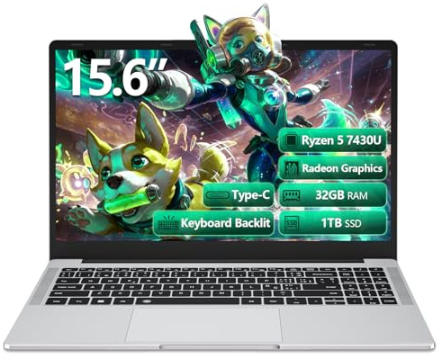 DIAKUOE 15.6 Pulgadas Ordenador Portátil Ryzen 5 7430U CPU, PC Portatil 32GB DDR4 RAM 1TB SSD, Gráficos Radeon, Laptop Teclado Retroiluminado, Win 11 Ordenador Portatil Type-C,HDMI,USB 3.0, BT5.1