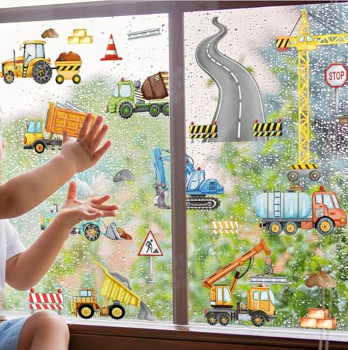 WandSticker4U®- Frühling Fensterbilder Kinder selbstklebend BAUSTELLE (65x62 cm) I Fenstersticker Kinder wiederverwendbar Autofahrt Fahrzeuge Bagger Kran I Fensterdeko Kinderzimmer Junge Auto