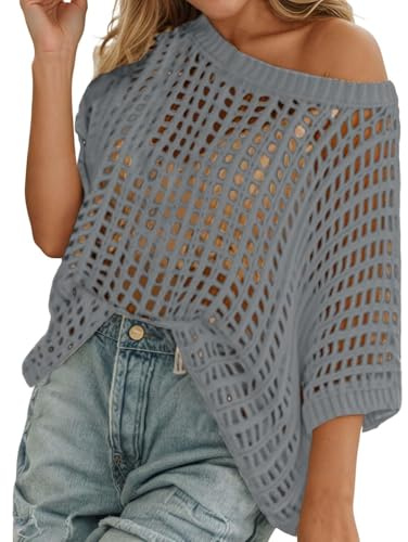 LIUYUYOUGO Bluse E Camicie da Donna Top all'Uncinetto da Donna Maglione Lavorato A Maglia A Maniche Corte con Spalle Scoperte Pullover Oversize Traforato Copricostume Estivo Leggero da Spiaggia Magl