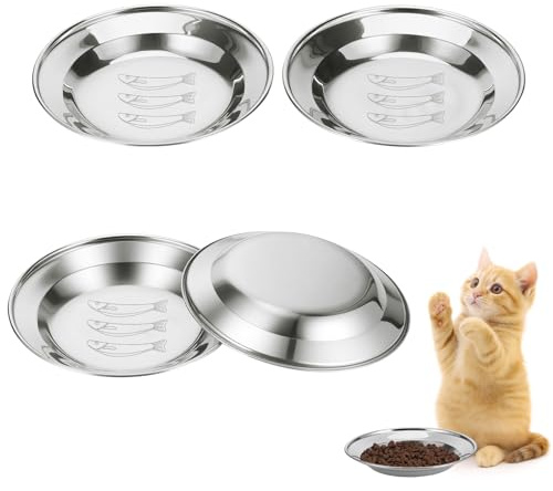 TranRantic 4 Stück Katzennapf Edelstahl, Flach Katzenteller Klein, Futternapf Katze,16 cm Breite Katzen Napf für Futter und Wasser, Katzenteller aus Metall für Welpen, Kleine Hunde(Fischmuster)