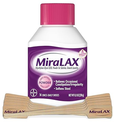 MiraLAX Polvo laxante suave para aliviar el estreñimiento con agitador, suavizante de heces con PEG 3350, sin efectos secundarios difíciles, laxante osmótico, 1 médico recomendado, 14 dosis
