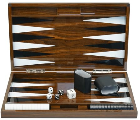 Deluxe Wood 18 Lacquered Backgammon Board Game Set with Premium Leather Dice Cups and Acrylic Game Chips
