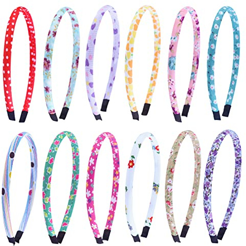 Serre-tête Enfant Fille Fleurs, Candygirl 12 Pièces 1CM Serre Tete Floral en Coton Bandeaux Multicolores en Polyester Cheveux Accessoires Bébé pour Rentrée Scolaire Halloween Noël Fête
