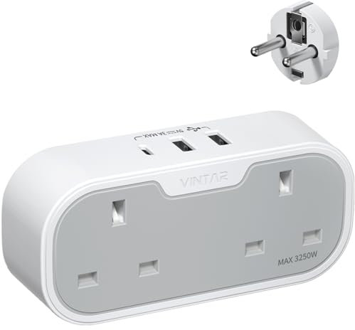 UK to European Plug Adapter, VINTAR Travel Adapter with 2 UK AC Outlets & 3 USB Ports (2A1C), Grounded Schuko Type E/F Plug for Germany, France, Spain, Italy, Netherlands
