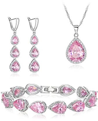 Clearine Juegos de Joyas de Mujer Conjunto de Joyería de la Boda para las Mujeres Chapado en Plata Lágrima Circonita Cúbica Rosado Collar Pendientes Colgantes Largos Pulsera de Fiesta