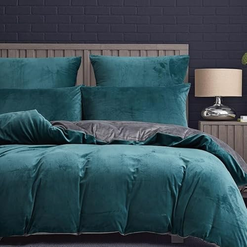 Luowei Ropa de cama cálida reversible de 155 x 220 cm, color azul petróleo, gris, forro polar, ropa de cama de invierno mullida, ropa de cama de forro polar cálido, funda nórdica de 155 x 220 cm y 2