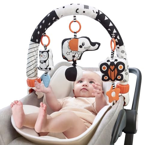 TUMAMA Spielbogen Baby Kinderwagen 0 3 6 12 Monate, Clip auf Kinderbett Kinderwagen Spielzeug mit 3 Hängende Tiere Rassell, schwarz Weiss Kontraste Bogen Spielzeug für Kleiner