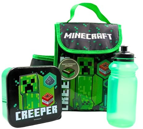 HOX Minecraft Creeper Kids Lunch Bag Set with Insulated Lunchbag, 400ml Bottle & Snack Box – Official Minecraft School Lunch Box Set for Boys & Girls