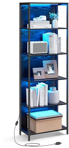 VASAGLE 6-Tier LED Bookcase, Bookshelf with Dimmable Lights, Storage Shelf with Steel Frame, 30.3 x 60 x 178.6 cm, for Living Room, Bedroom, Office, Ebony Black LLS120B58