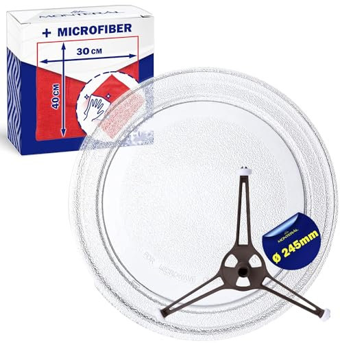 Mikrowellenteller Glas Universal Ø 24,5 cm mit Tellerhalter Drehteller Mikrowelle Ø 245 mm ist Geeignet für LG - Kit Enthält ein Microfasertuch - MONTERAL