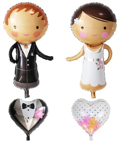 HDGSAFD Lot de 4 Ballons de Mariage en Aluminium, 2 Ballons d'Amour, Motifs de Mariée et Marié, Taille Unique, Noir, Blanc, Métallique, Occasion Classique, Mixte